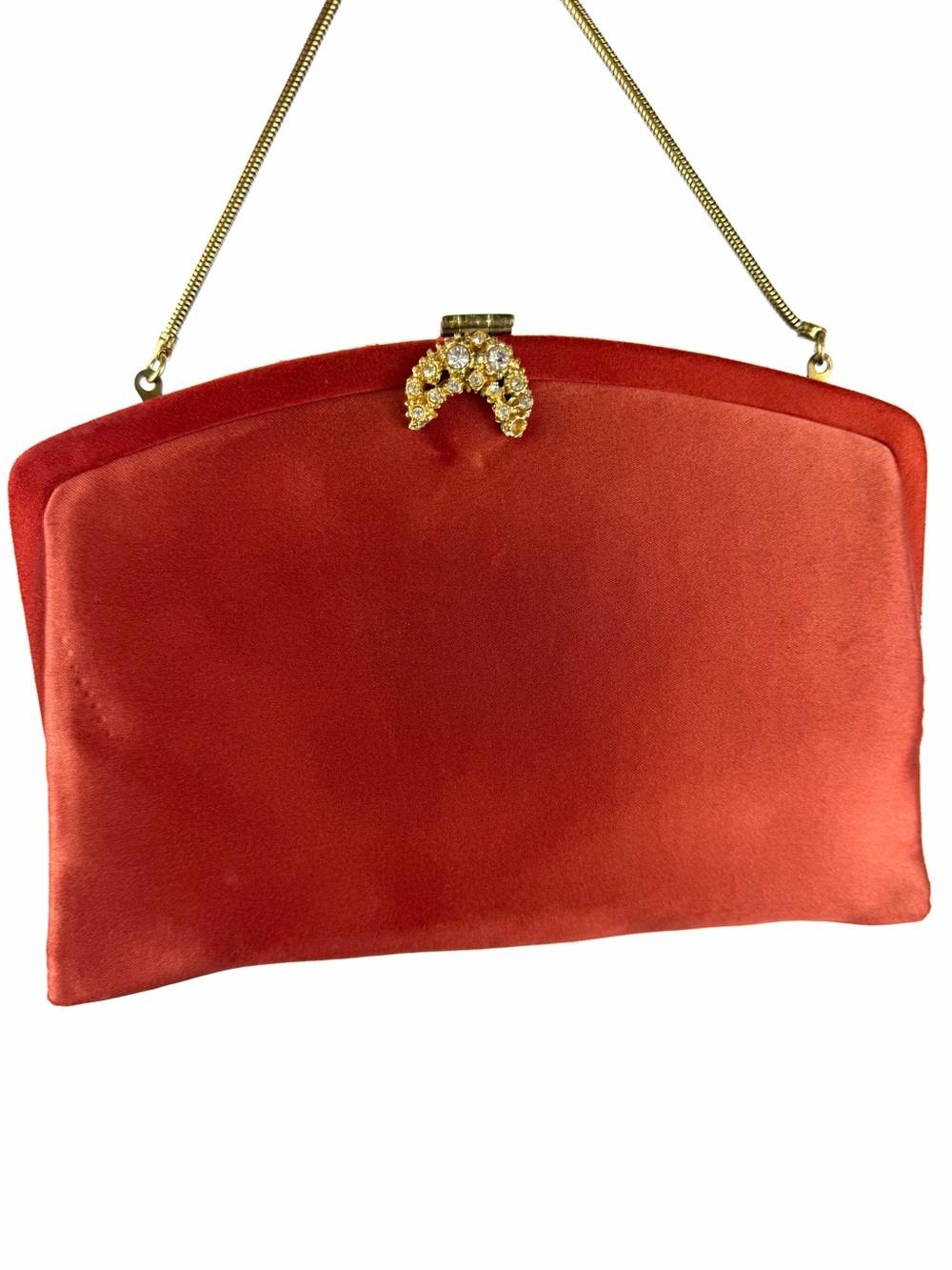Vintage Rhinestone Clasp Evening Bag Rust Satin Clutch La France Handbag - Picture 2 of 8
